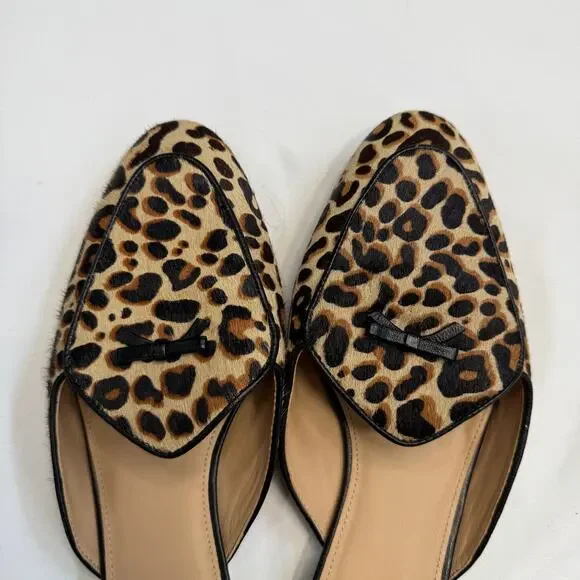 J.Crew Leopard Calf Hair Piped Loafer Mules Women’s Size 9 Leather Slip On Flats - Picture 7 of 7